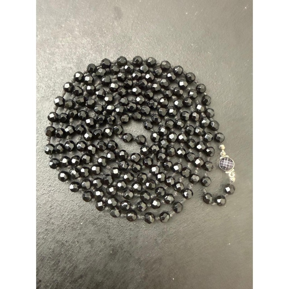 Austria Black Crystal Necklace Faceted Bead Hand Knotted Vintage Art Deco Style